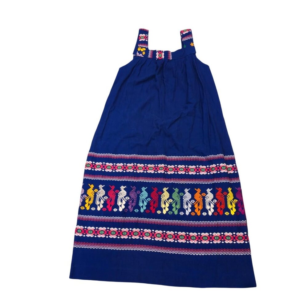 Vintage Folk Art Dress Hand embroidered Birds Tribal Aztec Boho pattern colorful